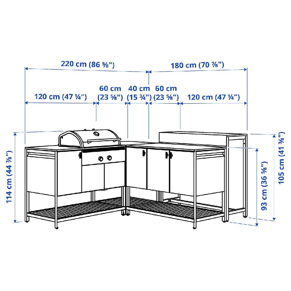 IKEA BÅTSKÄR Cucina Ester/BBQ Carbon/tavolo Bar Grigio Scuro 220x180 Cm
