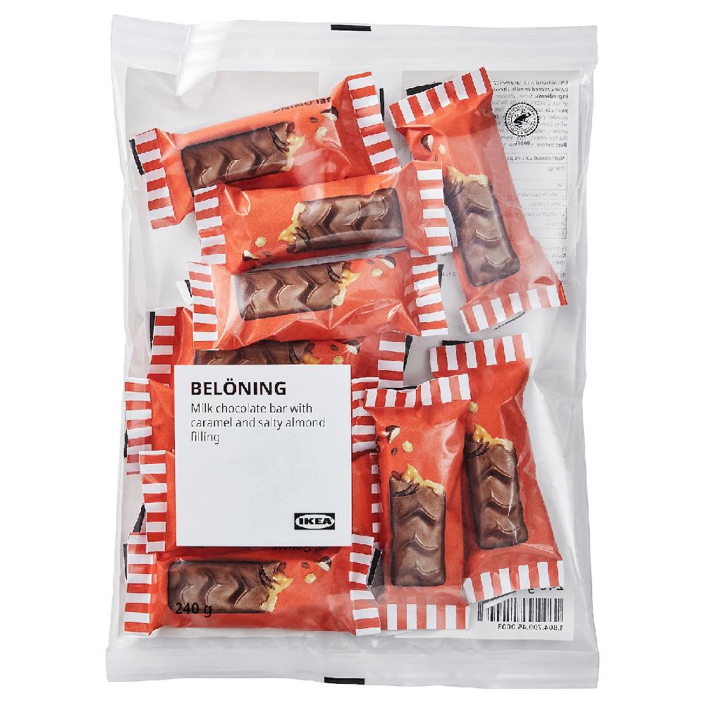 IKEA BELÖNING Cioccolato al latte ripieno caramello e mandorle salate Certificato Rainforest Alliance 240 g