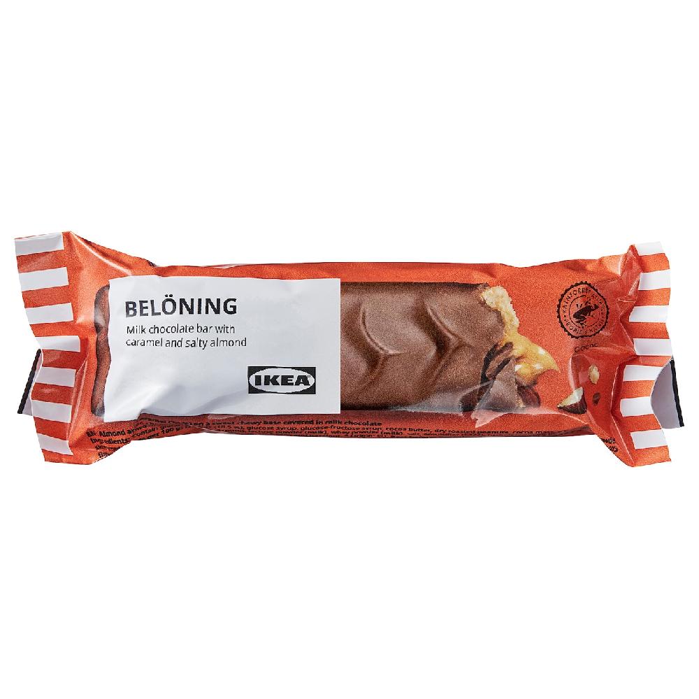 IKEA BELÖNING Cioccolato al latte ripieno caramello e mandorle salate Certificato Rainforest Alliance 45 g