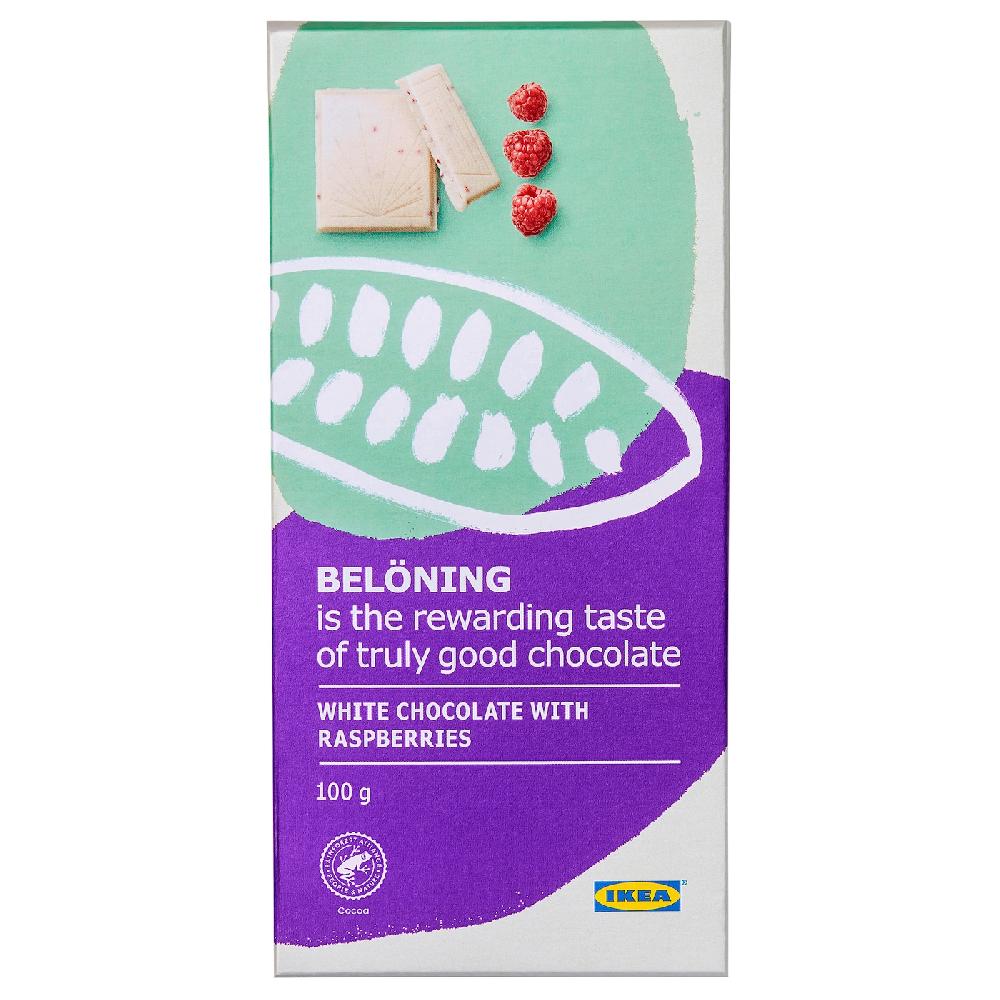 IKEA BELÖNING Tavoletta di cioccolato bianco con lampone Certificato Rainforest Alliance 100 g