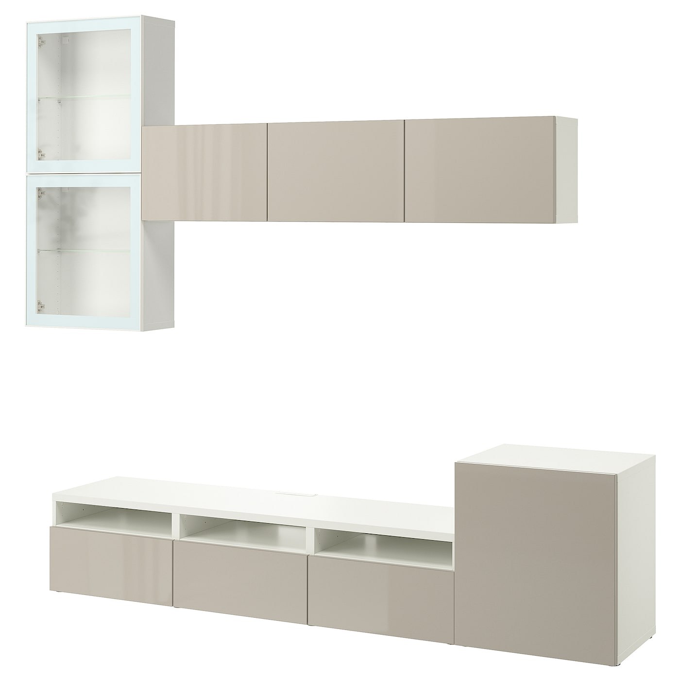 IKEA BESTÅ Combinazione TV/ante a vetro bianco/Selsviken lucido/vetro trasparente beige 300x42x211 cm