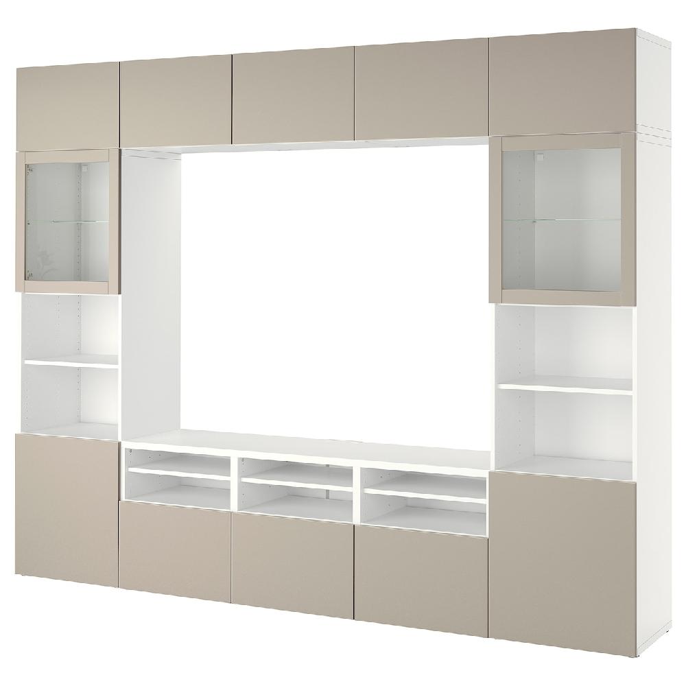 IKEA BESTÅ Combinazione TV/ante a vetro bianco Sindvik/Lappviken grigio chiaro/beige 300x42x231 cm