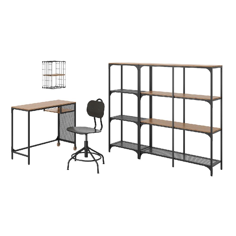 IKEA FJÄLLBO/KULLABERG / GULLHULT Scrivania/elemento contenitore e sedia girevole nero/pino