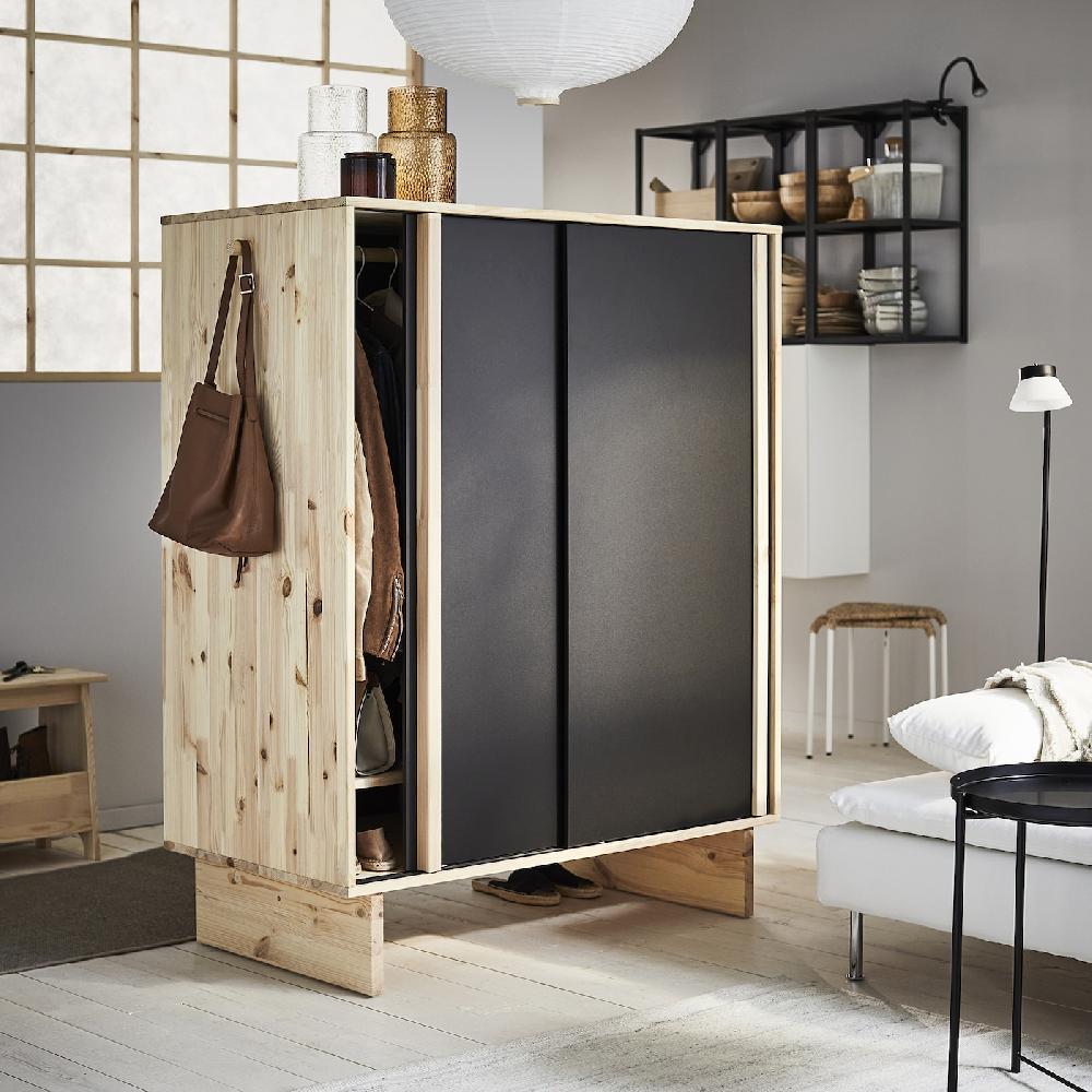 IKEA GLAMBERGET Guardaroba Con 3 Ante Scorrevoli Pino/nero 117x63x150 Cm