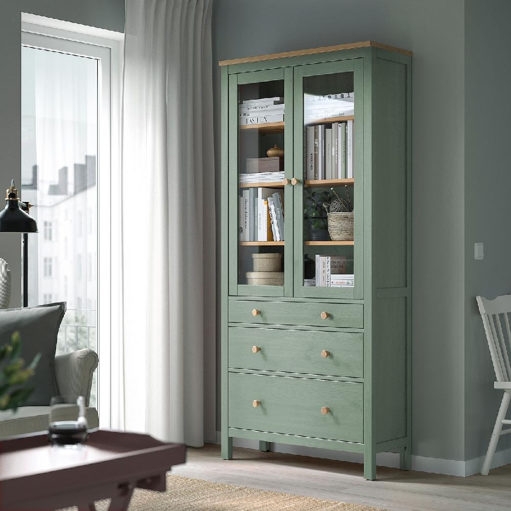 IKEA HEMNES Vetrina Con 3 Cassetti Grigio-verde/mordente Marrone Chiaro 90x197 Cm
