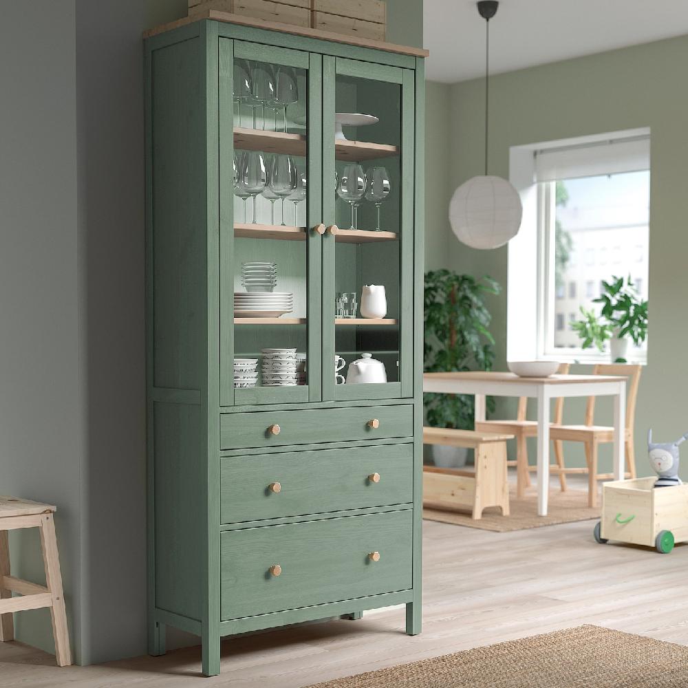 IKEA HEMNES Vetrina Con 3 Cassetti Grigio-verde/mordente Marrone Chiaro 90x197 Cm