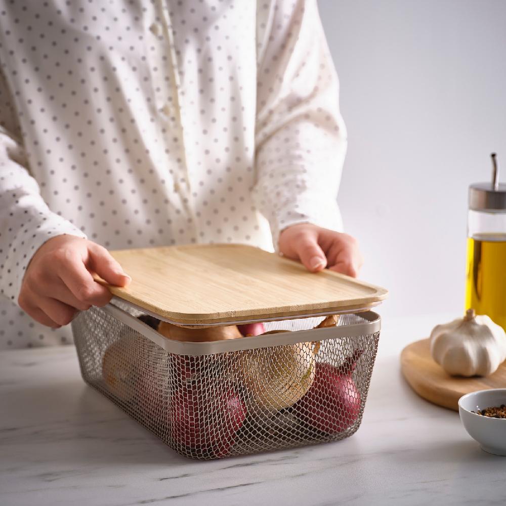 IKEA IKEA 365+ Cestino Per Alimenti Con Coperchio Rettangolare Metallo/grigio Tortora Chiaro Bambù 32x21x13 Cm