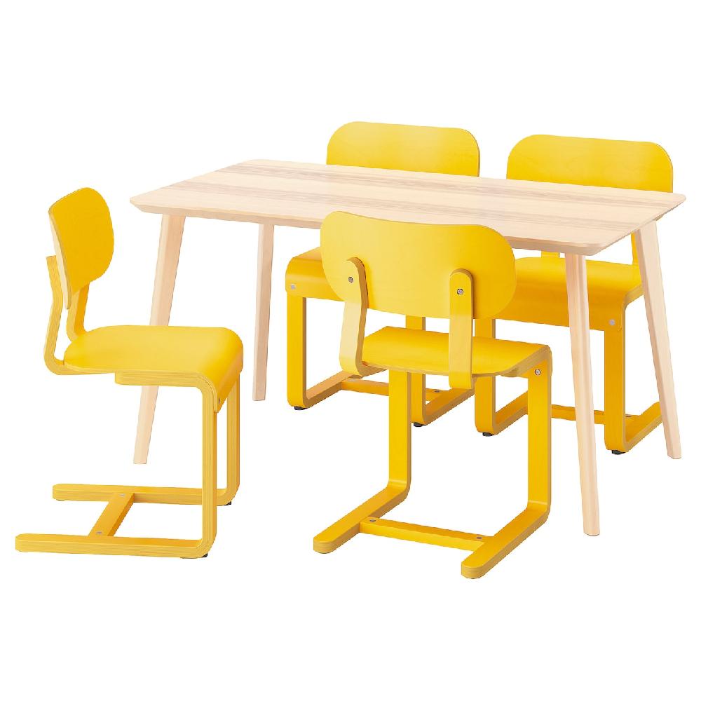 IKEA LISABO / LYCKAN Tavolo e 4 sedie impiallacciatura di frassino/giallo impiallacciatura di betulla 140x78 cm