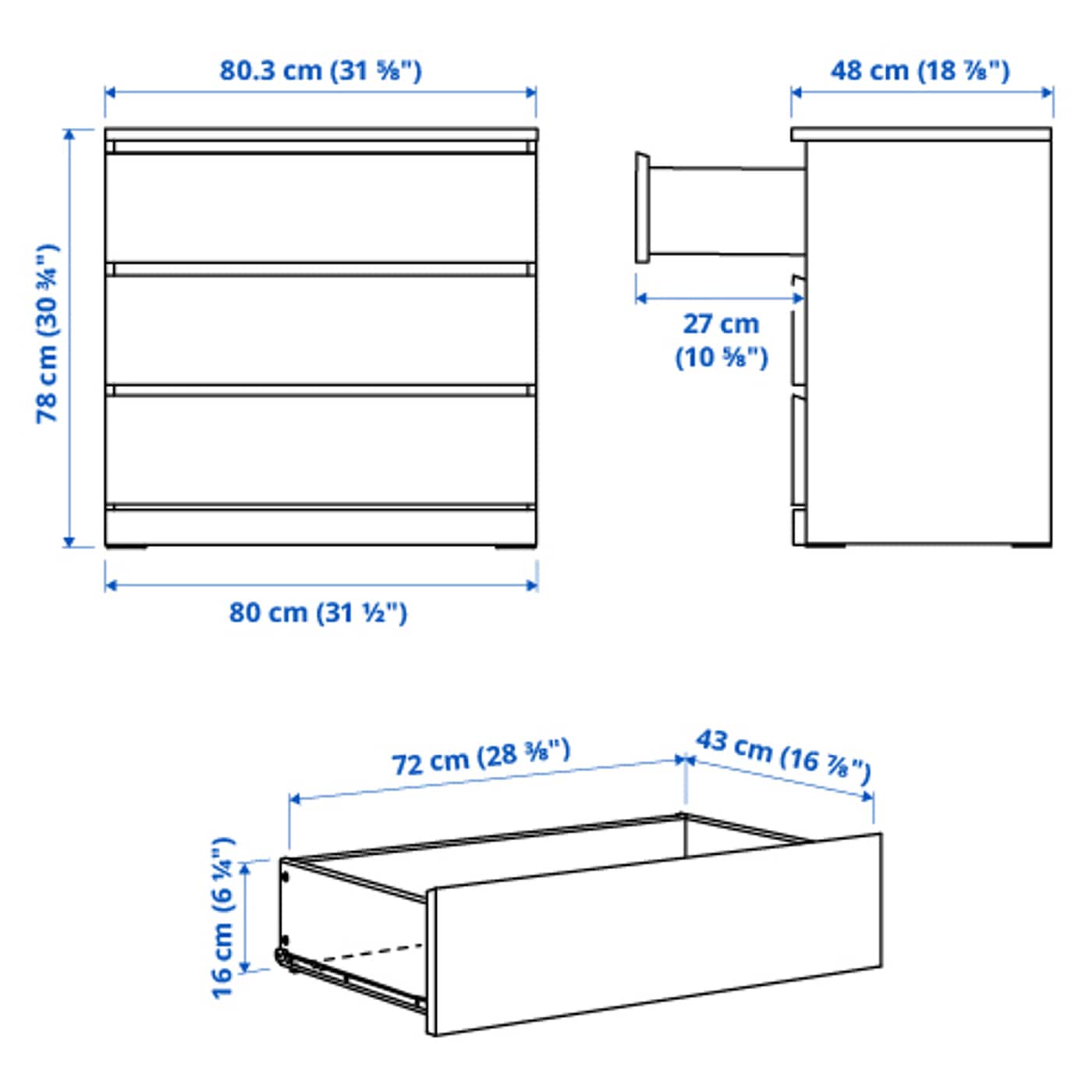 IKEA MALM Cassettiera Con 3 Cassetti Bianco 80x78 Cm