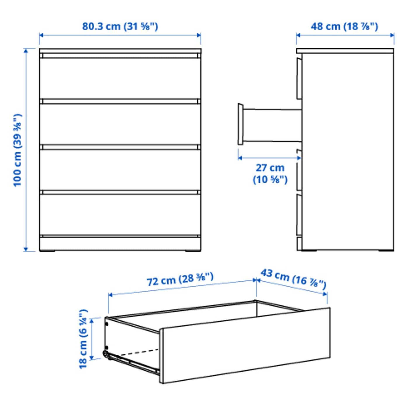 IKEA MALM Cassettiera Con 4 Cassetti Bianco 80x100 Cm