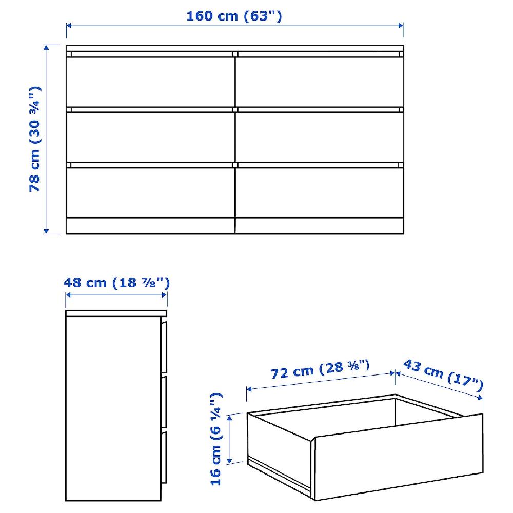 IKEA MALM Cassettiera Con 6 Cassetti Bianco 160x78 Cm
