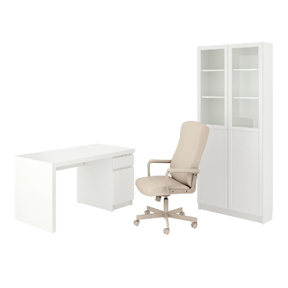 IKEA MALM/MILLBERGET / BILLY/OXBERG Scrivania/elemento contenitore e sedia girevole bianco/beige