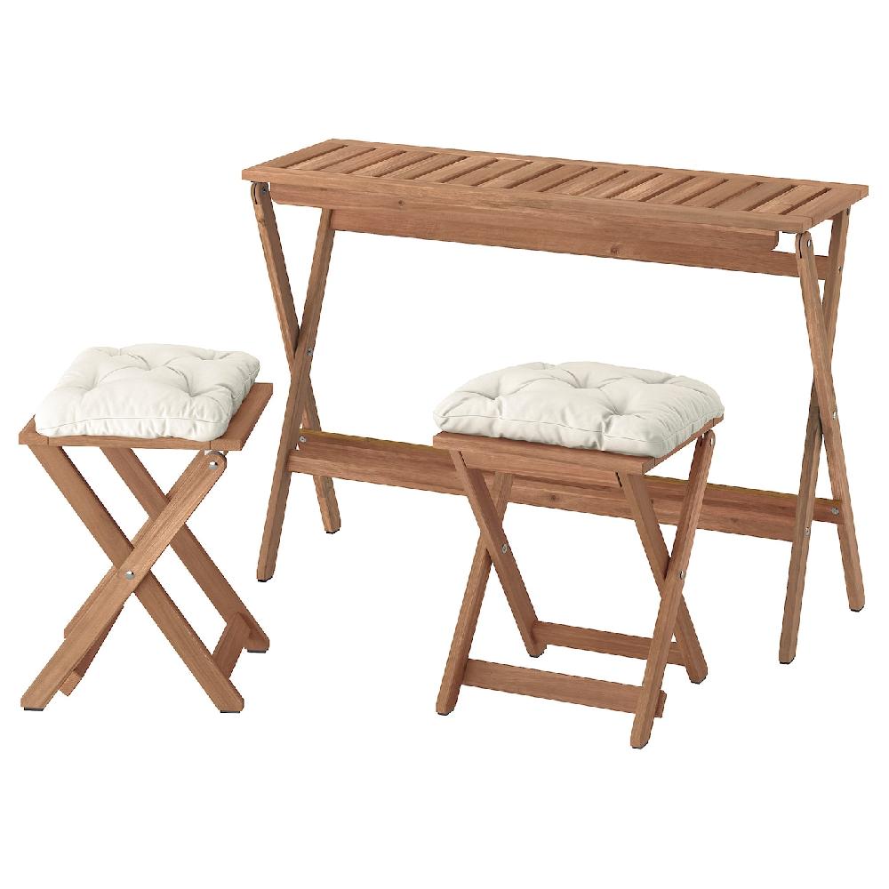 IKEA NÄMMARÖ Tavolo e 2 sgabelli da giardino mordente marrone chiaro pieghevole/pieghevole Kuddarna grigio-beige chiaro 108x37 cm