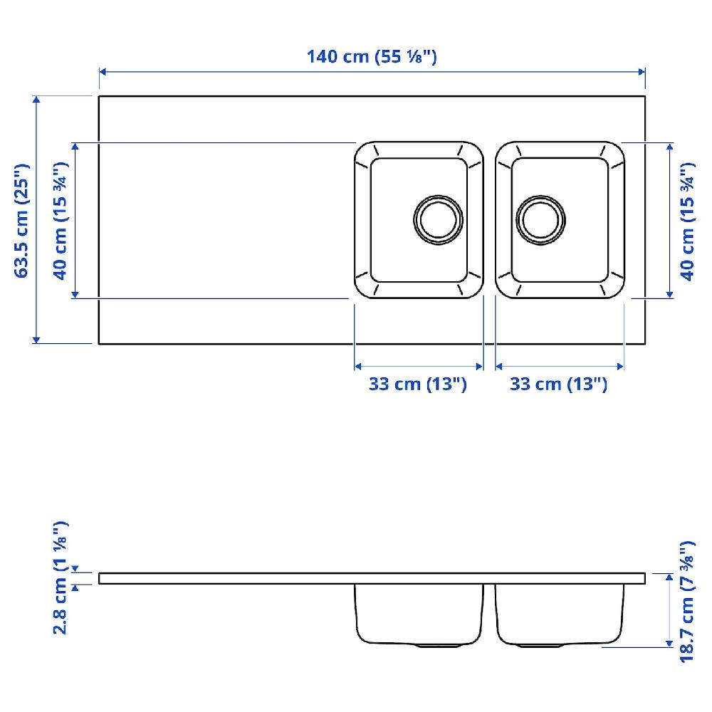 IKEA OLOFSJÖN Piano Lavoro/2 Lavelli Integrati Inox 140x63.5 Cm