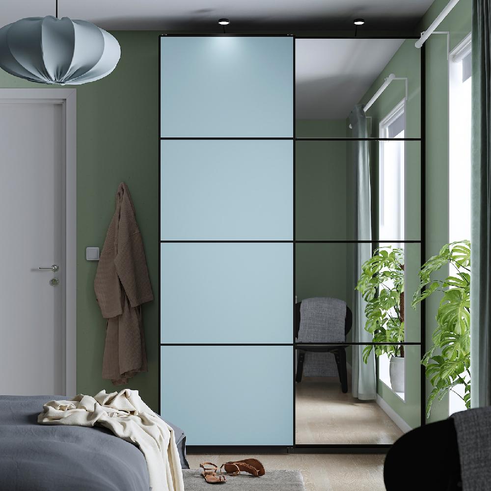 IKEA PAX / MEHAMN/AULI Guardaroba Con Ante Scorrevoli Grigio Scuro Double-face/azzurro Vetro A Specchio 150x43x236 Cm