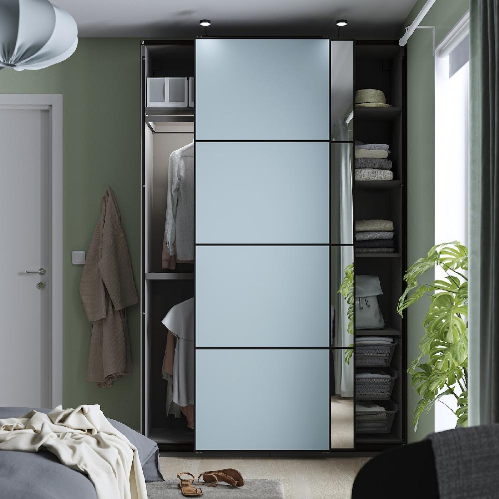 IKEA PAX / MEHAMN/AULI Guardaroba Con Ante Scorrevoli Grigio Scuro Double-face/azzurro Vetro A Specchio 150x43x236 Cm