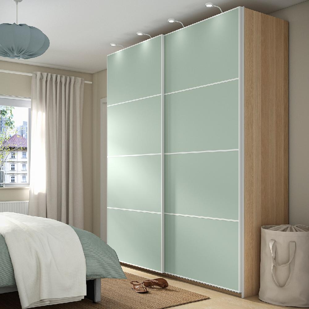 IKEA PAX / MEHAMN Guardaroba Con Ante Scorrevoli Effetto Rovere Con Mordente Bianco/double-face Verde Chiaro 200x66x236 Cm