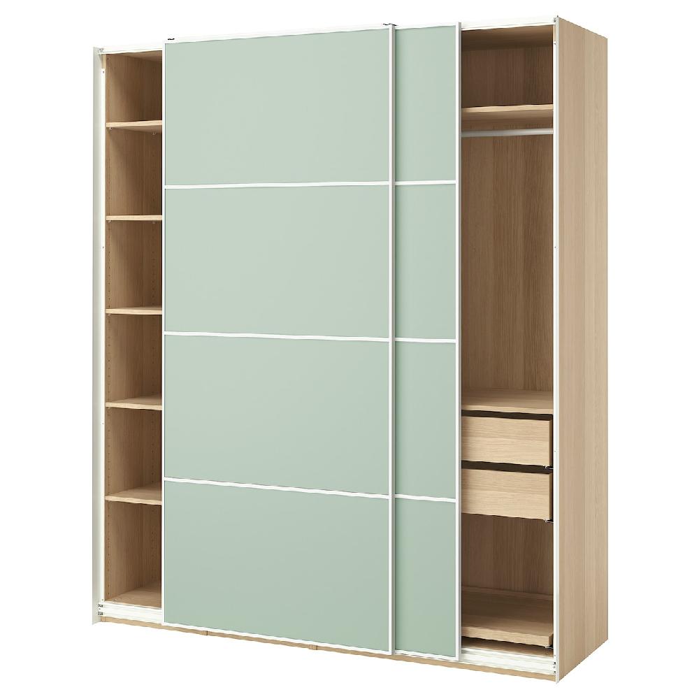 IKEA PAX / MEHAMN Guardaroba con ante scorrevoli effetto rovere con mordente bianco/double-face verde chiaro 200x66x236 cm