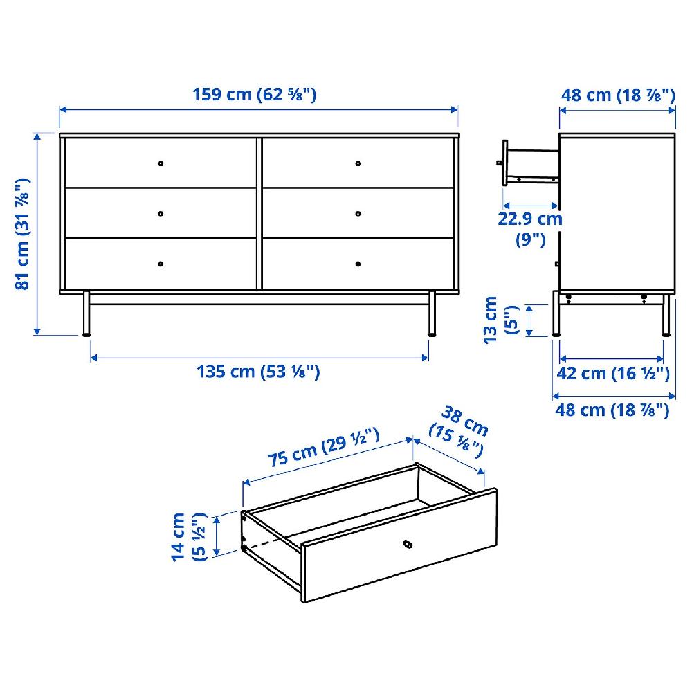 IKEA RÅDMANSÖ Cassettiera Con 6 Cassetti Marrone Effetto Noce 159x48x81 Cm