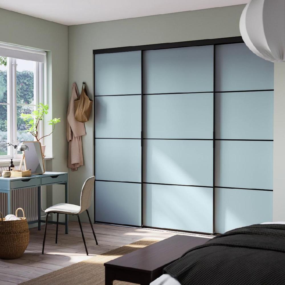 IKEA SKYTTA / BOAXEL Cabina Armadio Con Ante Scorrevoli Nero Metallo/Mehamn Azzurro 251x115x240 Cm