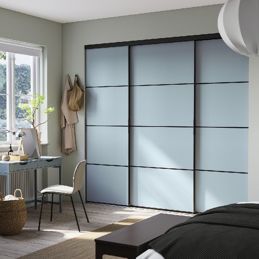 IKEA SKYTTA / BOAXEL Cabina Armadio Con Ante Scorrevoli Nero Metallo/Mehamn Azzurro 251x115x240 Cm