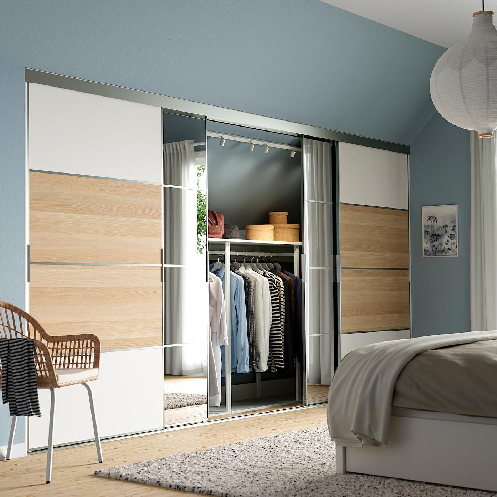 IKEA SKYTTA / MEHAMN/AULI Combinazione Ante Scorrevoli Alluminio/effetto Rovere Con Mordente Bianco Vetro A Specchio 401x205 Cm