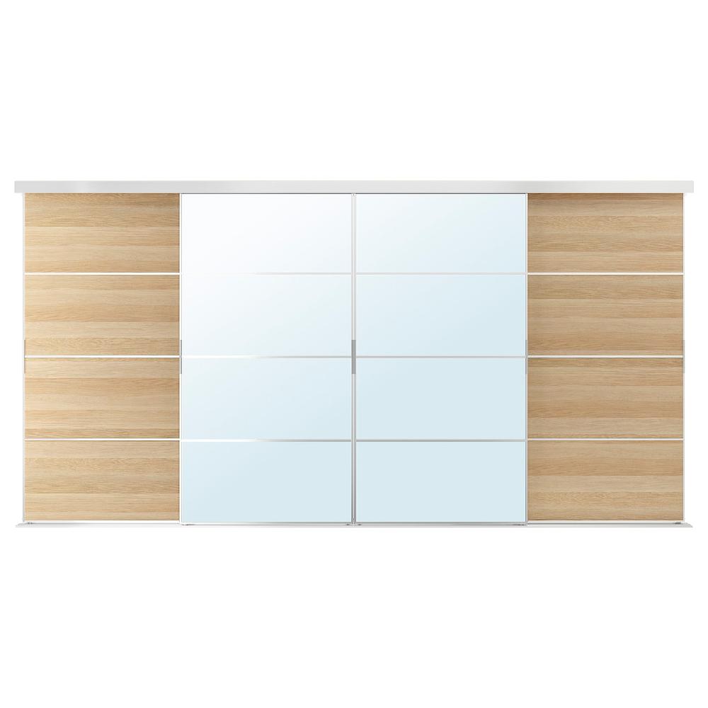 IKEA SKYTTA / MEHAMN/AULI Combinazione ante scorrevoli alluminio/effetto rovere con mordente bianco vetro a specchio 401x205 cm