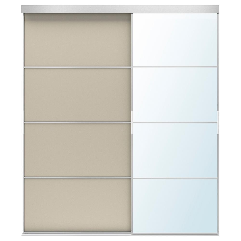 IKEA SKYTTA / MEHAMN/AULI Combinazione ante scorrevoli alluminio double-face/grigio-beige vetro a specchio 177x205 cm