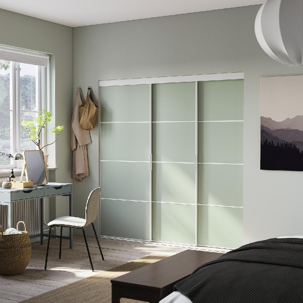IKEA SKYTTA / PAX Cabina Armadio Con Ante Scorrevoli Bianco Double-face/Mehamn Verde Chiaro 226x160x205 Cm