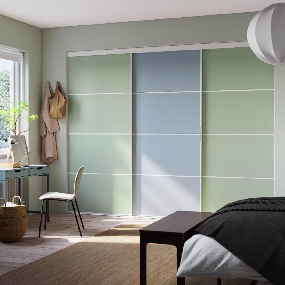 IKEA SKYTTA / PAX Cabina Armadio Con Ante Scorrevoli Bianco Double-face/Mehamn Azzurro/verde Chiaro 301x160x240 Cm