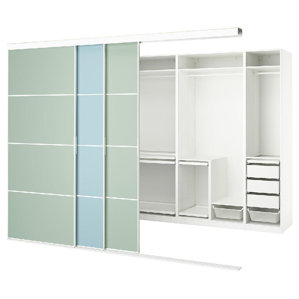 IKEA SKYTTA / PAX Cabina armadio con ante scorrevoli bianco double-face/Mehamn azzurro/verde chiaro 301x160x240 cm