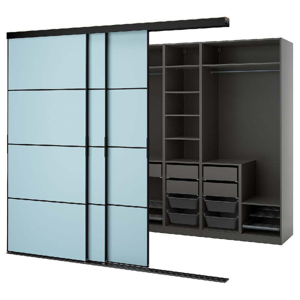 IKEA SKYTTA / PAX Cabina armadio con ante scorrevoli nero grigio scuro/Mehamn azzurro 276x160x240 cm
