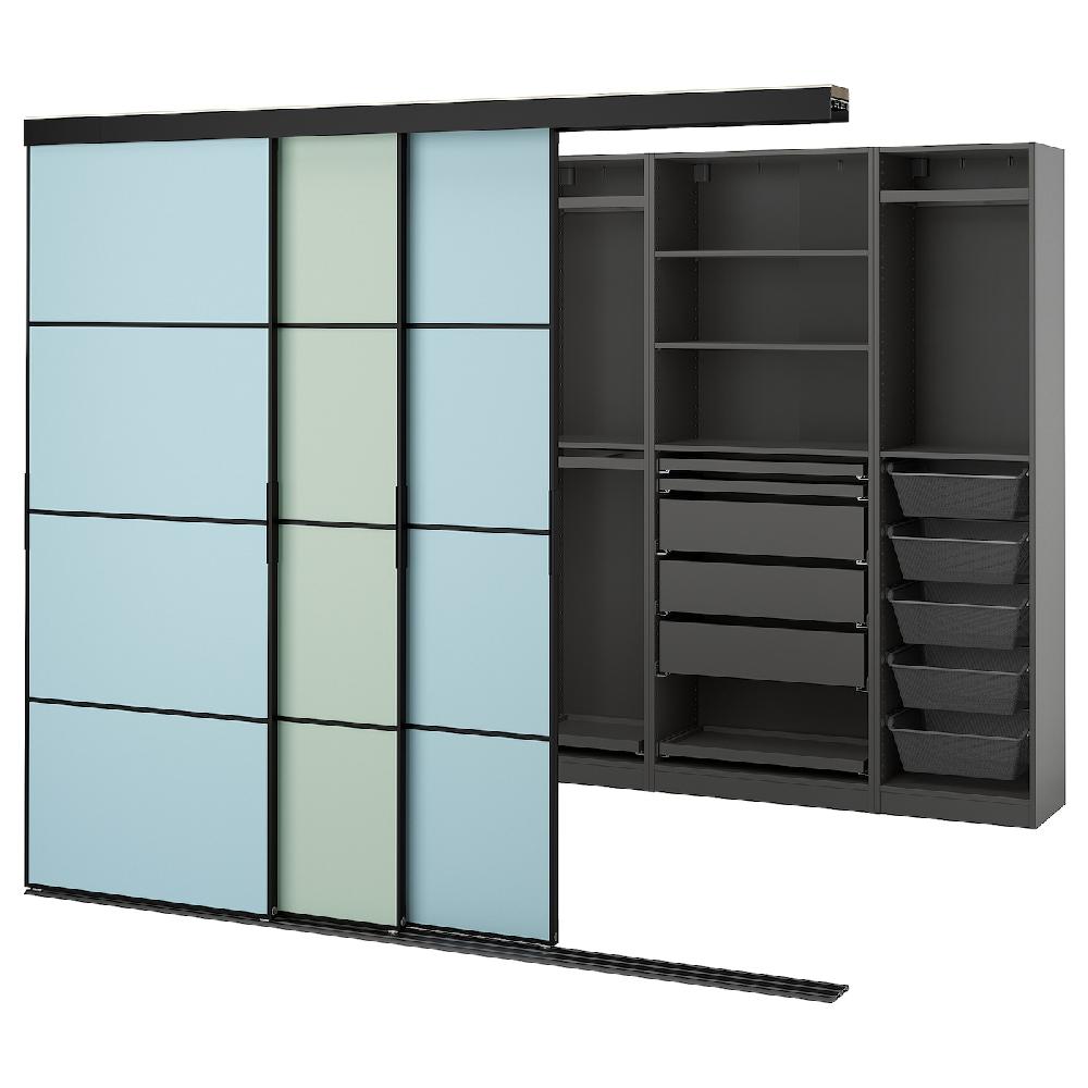 IKEA SKYTTA / PAX Cabina armadio con ante scorrevoli nero grigio scuro/Mehamn azzurro/verde chiaro 251x115x205 cm