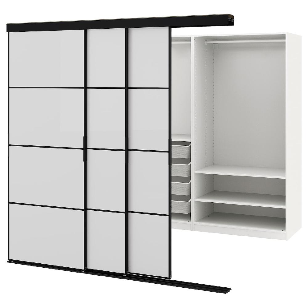 IKEA SKYTTA / PAX Cabina armadio con ante scorrevoli nero/Hokksund grigio chiaro lucido 226x160x205 cm