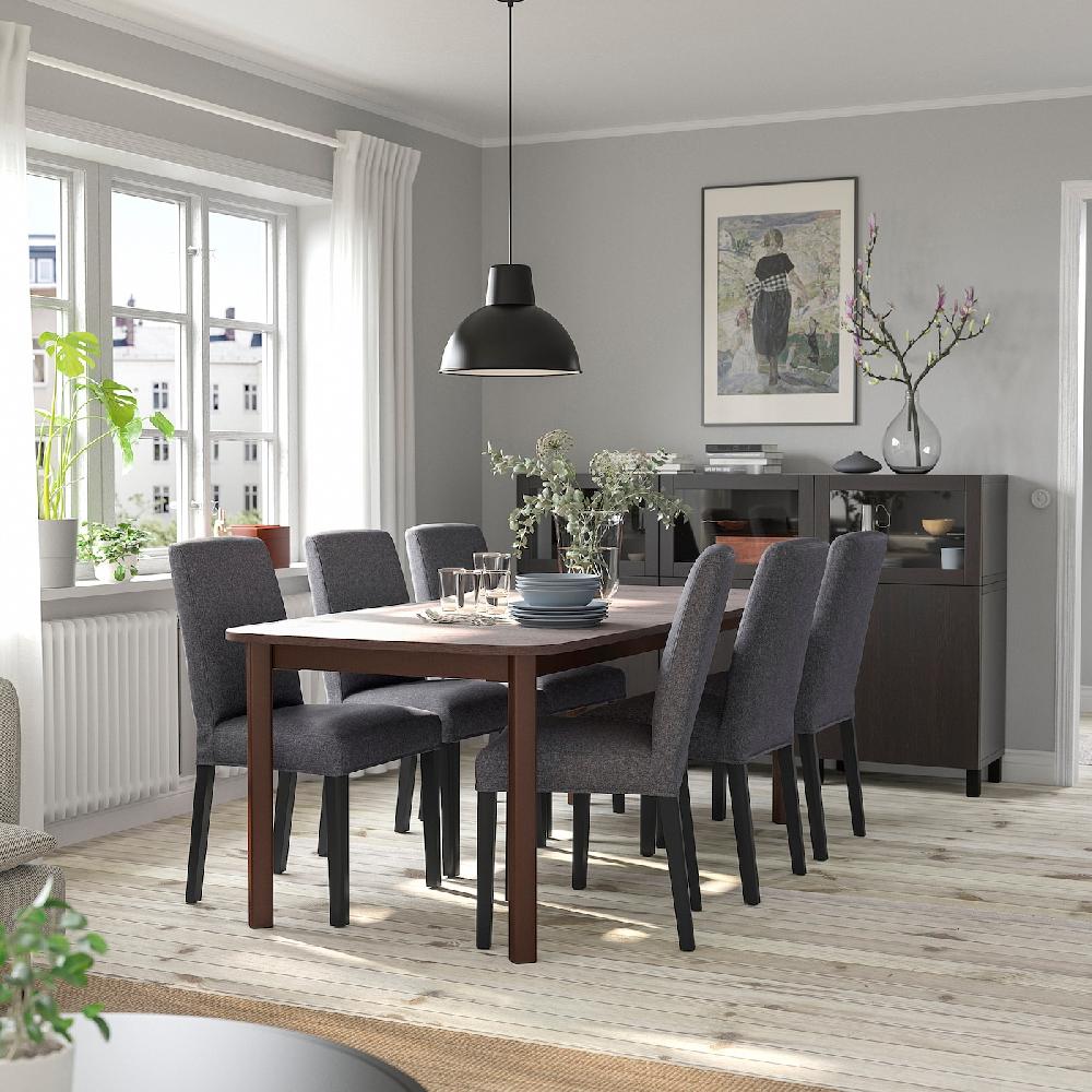 IKEA STRANDTORP / BERGMUND Tavolo E 6 Sedie Marrone/Gunnared Grigio Fumo 150/205/260 Cm
