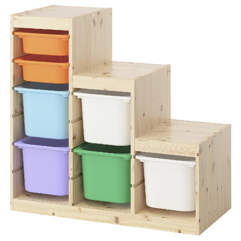 IKEA TROFAST Combinazione con contenitori pino con mordente bianco bianco/multicolore 94x44x91 cm