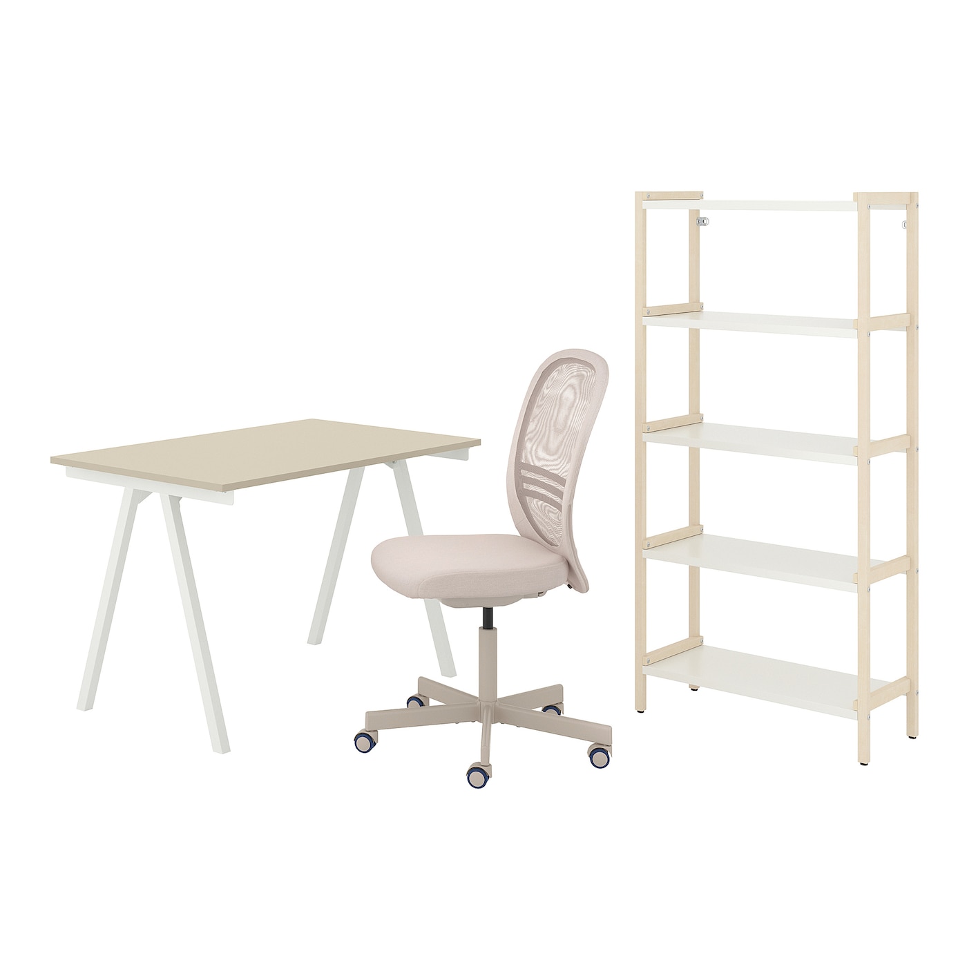 IKEA TROTTEN/FLINTAN / EKENABBEN Scrivania/elemento contenitore e sedia girevole beige/bianco