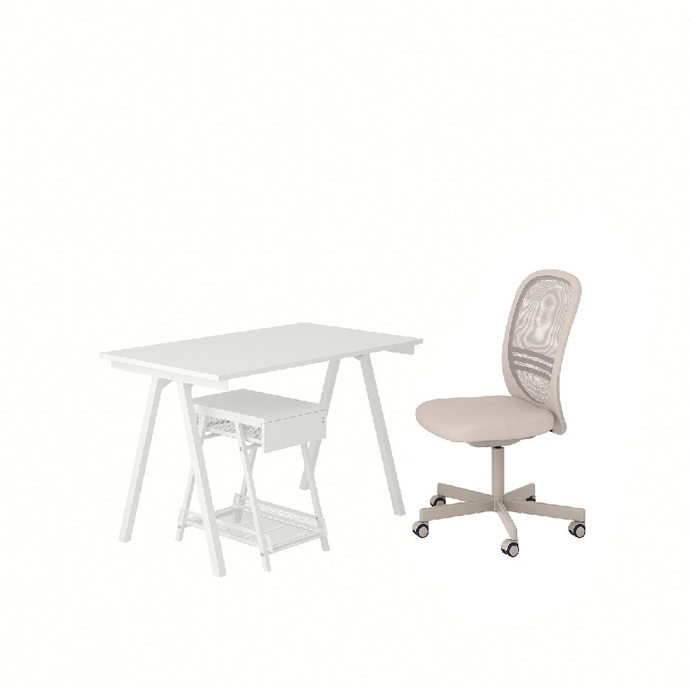 IKEA TROTTEN / FLINTAN Scrivania/elemento contenitore e sedia girevole bianco/beige