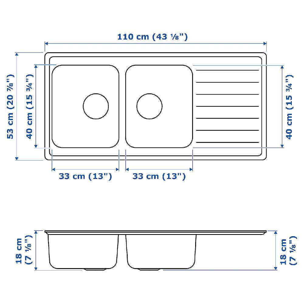 IKEA VATTUDALEN Lavello Incasso 2vasche/sgocciolat. Inox 110x53 Cm