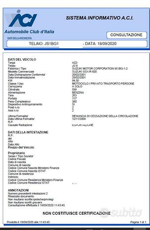 Subito TELAIO COMPLETO SUZUKI GSXR 600 2001 2002 GSX R 20