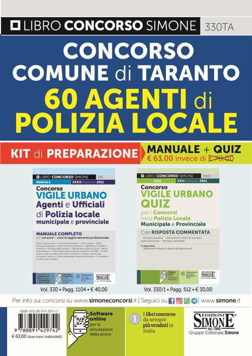 LaFeltrinelli Concorso Comune di Taranto. 60 agenti di polizia locale. Kit di preparazione. Manuale + Quiz. Con software di simulazione