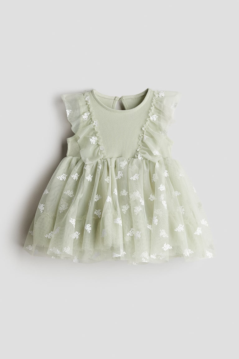 H&M Abito con stampa e gonna in tulle - Verde chiaro/fiori - BAMBINO