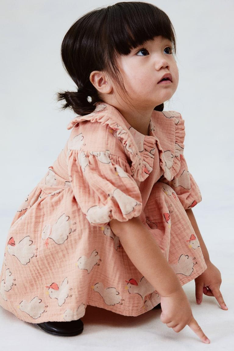 H&M Abito In Cotone Con Maniche A Sbuffo - Pesca Scuro/uccelli - BAMBINO