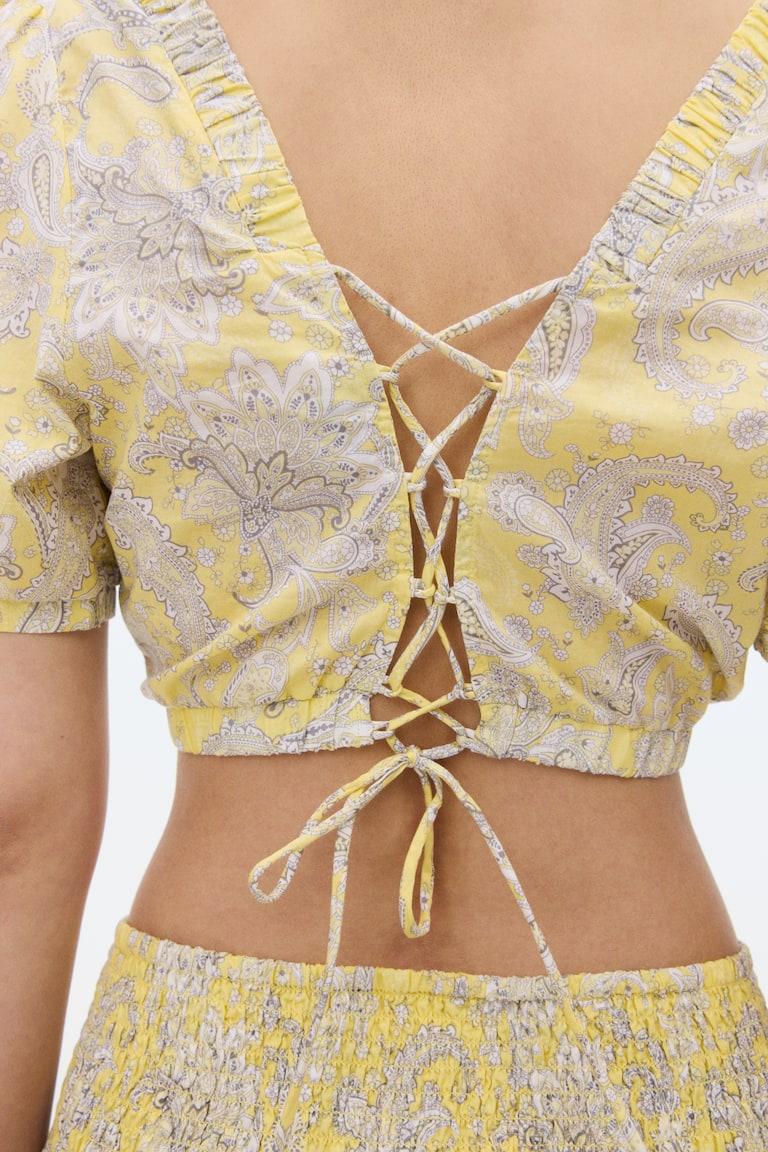 H&M Camicetta In Cotone Con Lacci - Giallo Chiaro/motivi Cashmere - DONNA