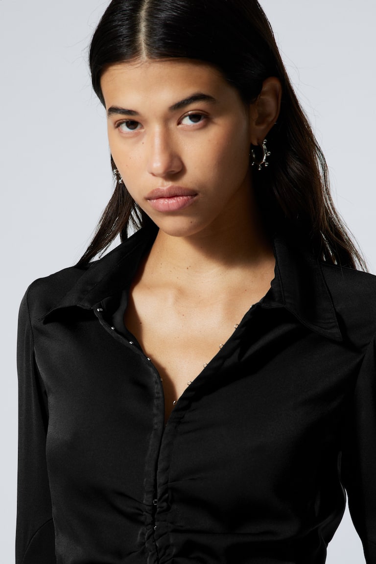 H&M Camicia Aderente In Raso A Maniche Lunghe - Talpa Scuro - DONNA