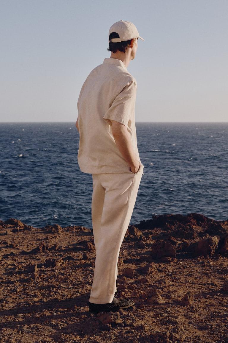 H&M Camicia In Misto Lino A Maniche Corte Regular Fit - Beige/bianco Righe - UOMO