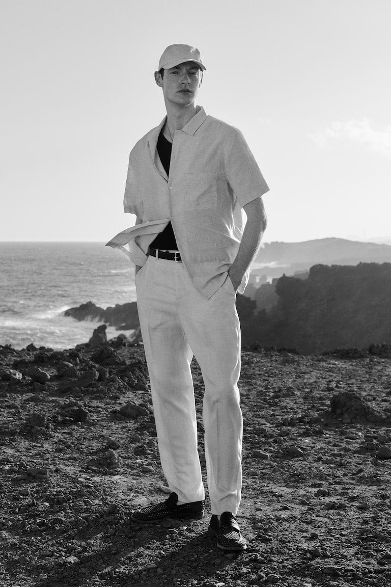 H&M Camicia In Misto Lino A Maniche Corte Regular Fit - Nero - UOMO