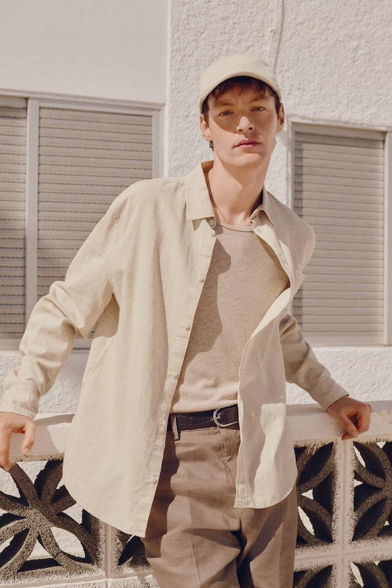 H&M Camicia Misto Lino Regular Fit - Greige/righe - UOMO