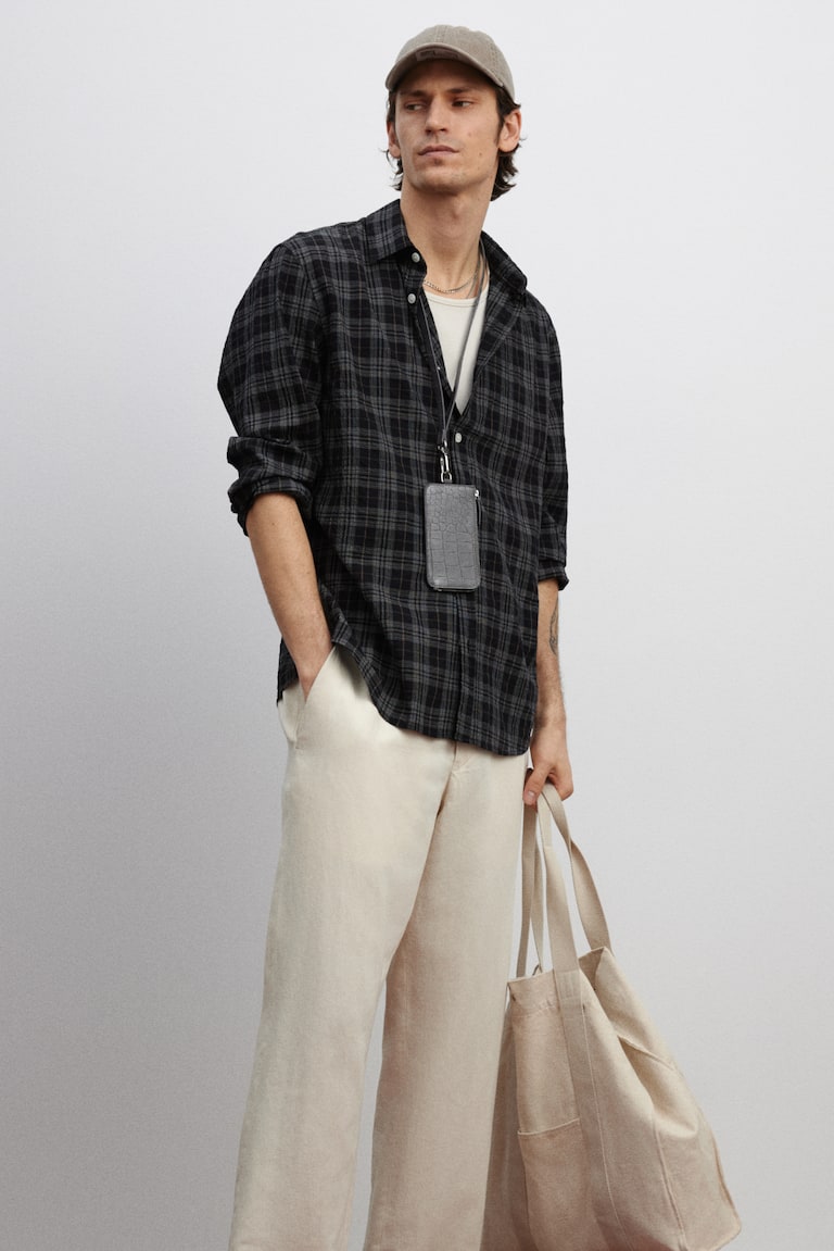 H&M Camicia Strutturata Loose Fit - Crema/quadri - UOMO