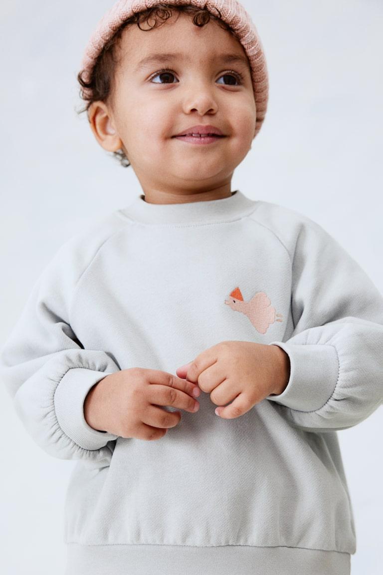 H&M Felpa In Cotone Con Dettaglio Ricamato - Grigio Chiaro/uccello - BAMBINO